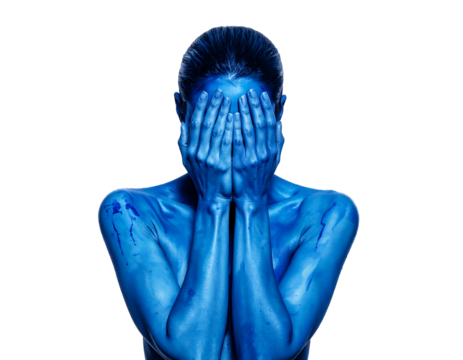 Blue painted woman hides face with hands, against a black background. Mysterious and dramatic art portrait
