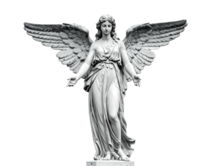 Angel statue with flowing robes and outstretched arms, wings spread, against a black background