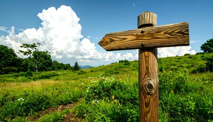 Wooden trail marker in a grassy meadow