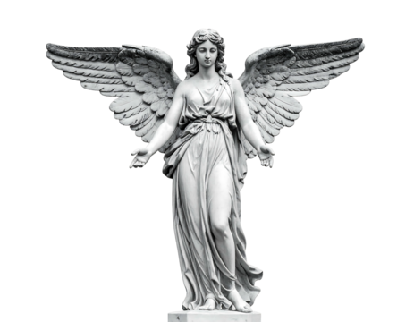 Angel statue with flowing robes and outstretched arms, wings spread, against a black background