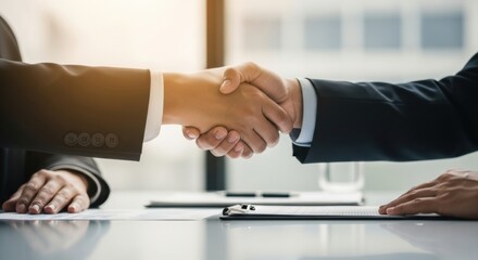 Close-up of a business handshake over a desk with a clipboard and paperwork, representing the finalization of a contract in a formal meeting.