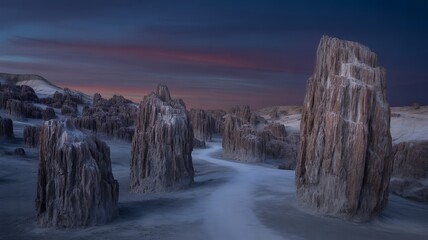 Dramatic twilight illuminates the otherworldly pinnacles desert landscape with unique rock formations
