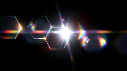 Bright professional lens flare light effect with hexagonal bokeh pattern and rainbow chromatic aberration on pure black background, high contrast optical rays, clean edges