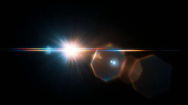 Bright professional lens flare light effect with hexagonal bokeh pattern and rainbow chromatic aberration on pure black background, high contrast optical rays, clean edges