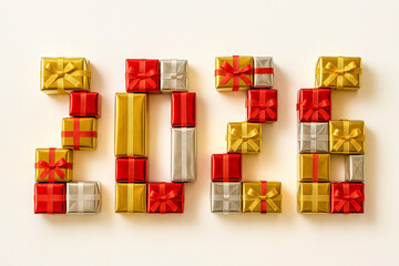 Creative 2026 typography made from red, gold, and silver gift boxes arranged on a bright background. Ideal for New Year promotions, holiday design, greeting cards, seasonal advertising materials.
