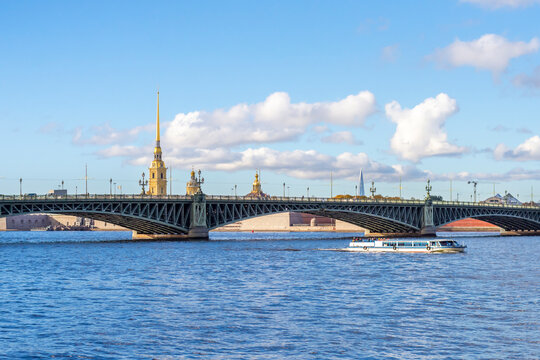 View of the Trinity Bridge and the Peter and Paul Fortress, St. Petersburg, Russia.