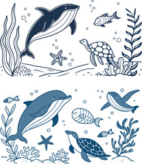 Obraz premium Childish Hand-Drawn Marine Animal Vector Set — Whales, Dolphins, Turtles, Fish, Coral Reef, Starfish, Seaweed, Cute Naive Blue Crayon Ocean Life Illustrations for Kids