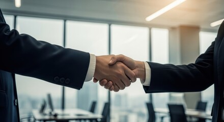 Close-up of a professional handshake between a man and woman in suits, sealing a corporate deal in a modern high-rise office with a city view.