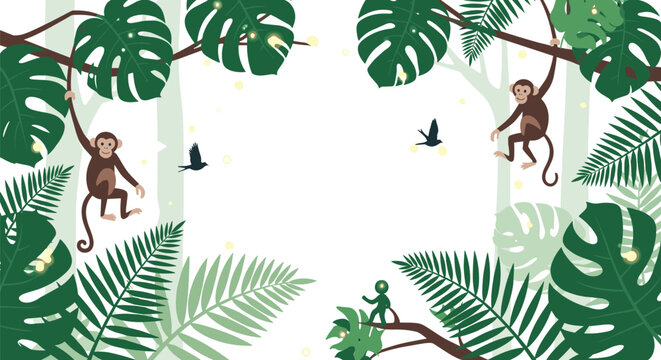 Monkeys swinging from trees in a lush jungle with tropical plants and birds flying.