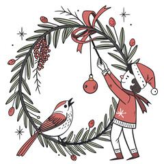 Festive christmas wreath decoration on white background