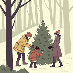Family happily picking a christmas tree from the snowy woods