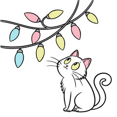 Whimsical cat with colorful fairy lights illustration