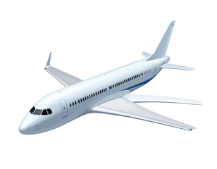 Angled view of a white passenger jet with a blue stripe on a black background. No landing gear is visible