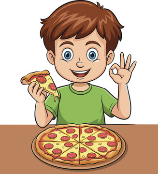 Naklejki Cartoon child eating pizza illustration, happy kid character, funny food mascot, playful children’s art, delicious meal drawing, joyful dining design