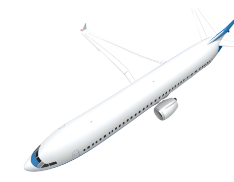 Angled view A white airplane with blue accents takes flight against a dark background, showing wings and engine detail