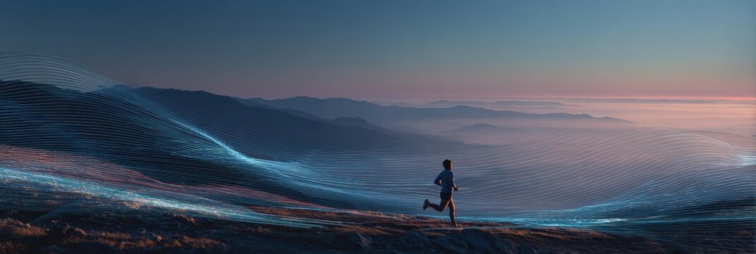 Dynamic Runner Traverses Serene Mountain Landscape at Dusk With Vibrant Digital Trails Illuminating the Path Ahead