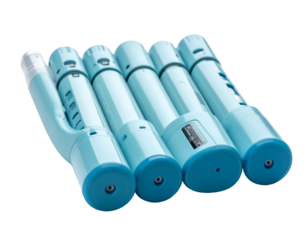 Angled view of five pale blue cylindrical tools or medical devices on black, with different ends and structures