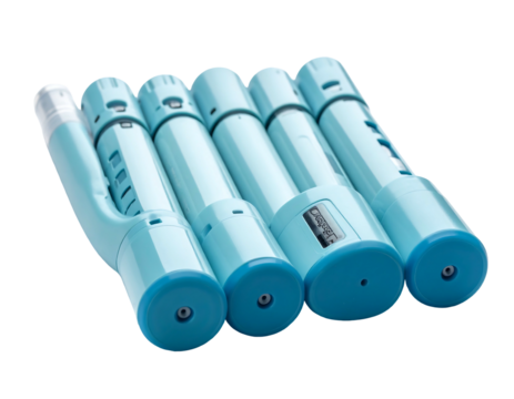 Angled view of five pale blue cylindrical tools or medical devices on black, with different ends and structures