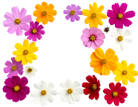 Colorful cosmos flowers in a square frame on black background