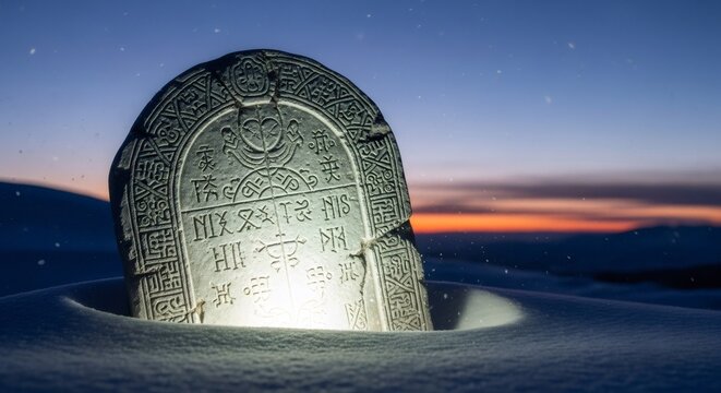 Ancient stone tablet with mysterious symbols illuminated in snow at sunset, evoking mystical legend and forgotten civilization, science fiction concept.