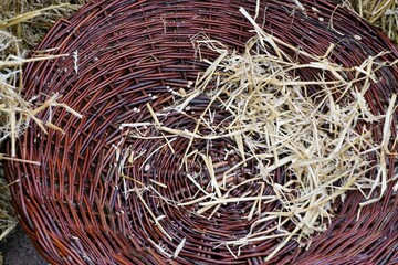 Landschaftspanorama mit goldbraunem hohem gras vor Ackerfeld und blau-weißem Himmel mit Wolkengebilde auf dem Land bei Regen und Sonne am Nachmittag im Sommer