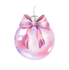 Christmas tree glass ball with a bow. Watercolor illustration. For fabric, wallpaper, packing paper, greeting cards, design, decoration and illustration.