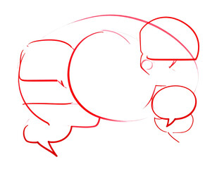 Abstract, red-lined chat bubble sketches against a black background. Complex, overlaid, simple shapes, bold red/white outline