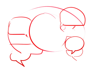Abstract, red-lined chat bubble sketches against a black background. Complex, overlaid, simple shapes, bold red/white outline