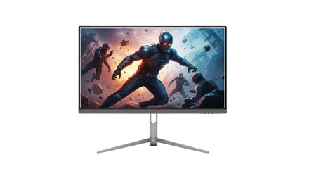 Computer monitor displaying action game scene isolated illustration on transparent background