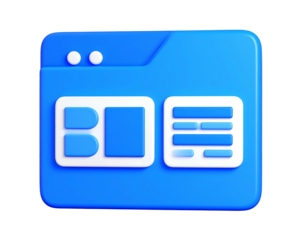 Blue stylized web page icon with a glossy, three-dimensional appearance and simplified layout blocks inside