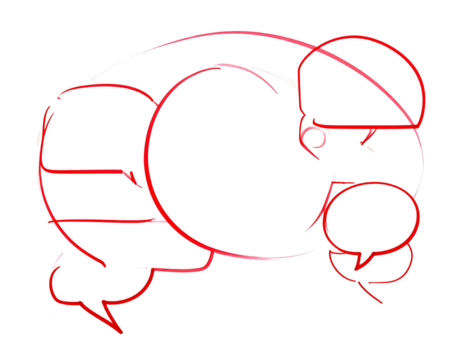 Abstract, red-lined chat bubble sketches against a black background. Complex, overlaid, simple shapes, bold red/white outline