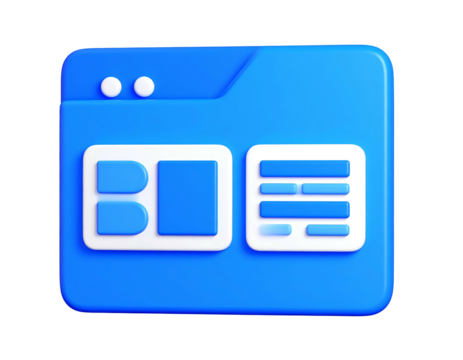 Blue stylized web page icon with a glossy, three-dimensional appearance and simplified layout blocks inside