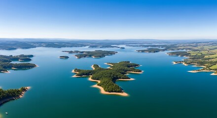 Aerial view of a large lake with many green islands and blue sky water
