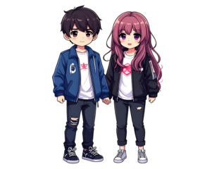 Animated couple holding hands. Boy in blue, girl in black; matching outfits, against dark background. Full body