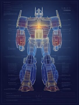 Optimus Prime Blueprint Shows Design Details of Robot With Blue Background and Glowing Central Chest Area