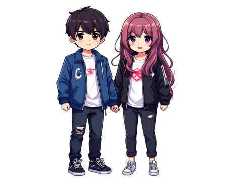 Animated couple holding hands.  Boy in blue, girl in black; matching outfits, against dark background.  Full body