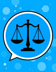 Black silhouette of scales inside a blue speech bubble on a blue backdrop