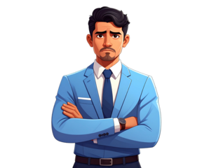 Animated man with folded arms wearing a light blue suit against a black background, dark hair and light skin