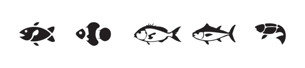 Fish logo icon set, different kinds of fish silhouette, ocean symbol or logo, fish vector designs, vector Illustration eps 10.