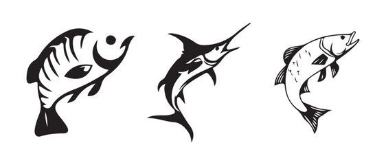 Fish logo icon set, different kinds of fish silhouette, ocean symbol or logo, fish vector designs, vector Illustration eps 10.