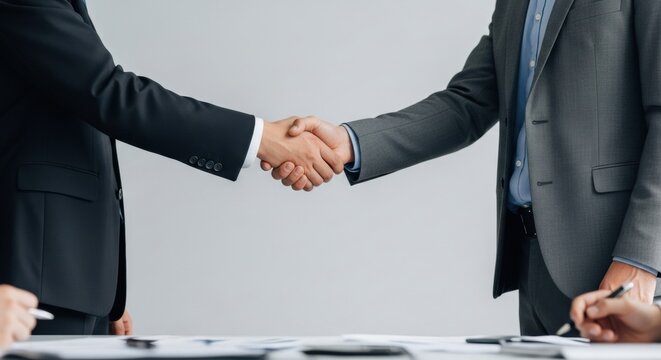Business partners in suits shaking hands over a conference table filled with documents, finalizing a successful negotiation and strategic agreement.