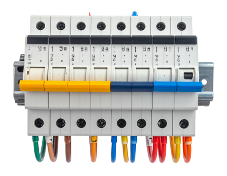 Close up of a circuit breaker with colorful wires against a black background