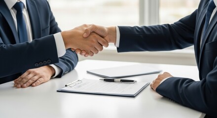 Two businessmen in navy suits shake hands over a white desk after signing a contract, symbolizing a finalized legal agreement and successful negotiation.