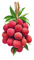 Close-up of a bunch of lychee fruits with leaves and stem