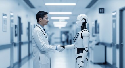 An Asian medical doctor in a white coat shakes hands with an advanced humanoid AI robot in a futuristic hospital, representing the future of healthcare and technology.