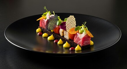 Gourmet tuna tartare appetizer with caviar and colorful vegetable garnish on a black plate