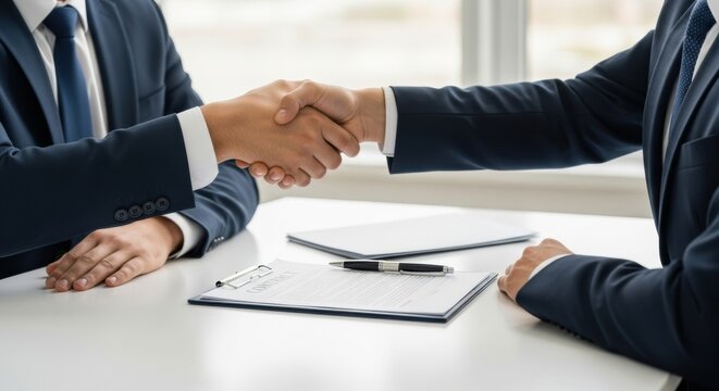 Two businessmen in navy suits shake hands over a white desk after signing a contract, symbolizing a finalized legal agreement and successful negotiation.