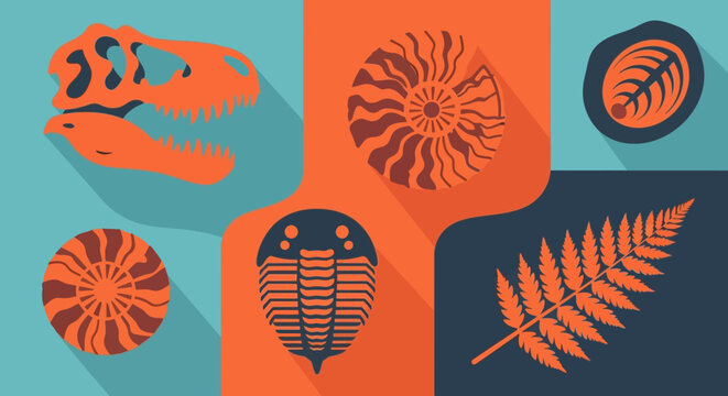 Ancient Fossil Collection with Dinosaur Skull and Prehistoric Organisms.