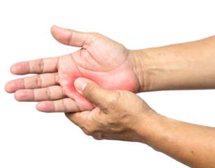 Close up of human hands, one pressing on the other, with a reddish mark on the palm indicating pain