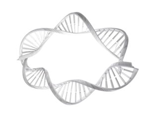 Abstract, silver-white, twisted DNA-like spiral ring on a black background